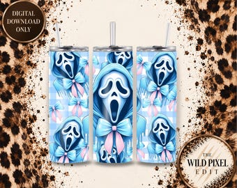 May include: Three cylindrical tumblers with straws featuring a repeating pattern of blue hooded ghost figures with open mouths, light blue gingham backgrounds, and pink bows. The design includes the text DIGITAL DOWNLOAD ONLY and THE WILD PIXEL EDIT.