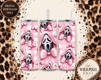 May include: Three cylindrical tumblers with lids and straws featuring a repeating pattern of white and pink checkered backgrounds, pink bows, and ghost-like figures with open mouths. The text DIGITAL DOWNLOAD ONLY appears in a circular badge.