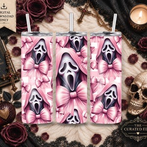 May include: A cylindrical tumbler featuring a repeating pattern of ghost-like figures with open mouths, each wearing a pink hooded cloak adorned with large pink bows, set against a light pink and white checkered background with a clear straw.