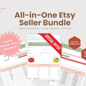 May include: An "All-in-One Etsy Seller Bundle" graphic with the text "Order Tracker + Sales Finance Tracker." The image includes spreadsheets, a red "Special Offer" banner, and pink and red accents. The text "Save When You Bundle" is also visible.