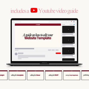 Puede incluir: Un MacBook Pro muestra una gu&iacute;a de edici&oacute;n de plantillas de sitios web con una gu&iacute;a de v&iacute;deo de YouTube. La pantalla muestra el texto "A guide on how to edit your Website Template". Debajo del port&aacute;til hay seis tarjetas con texto: "linking the pages" y m&aacute;s.