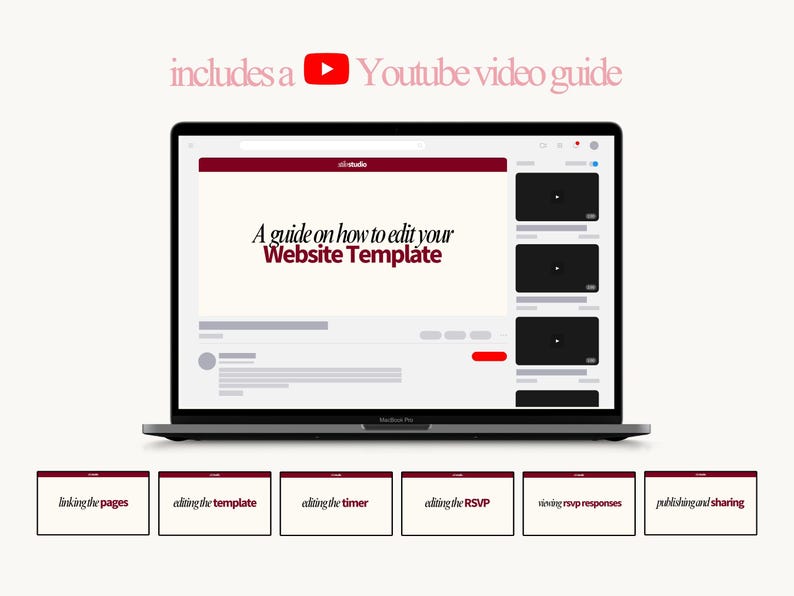 Puede incluir: Un MacBook Pro muestra una gu&iacute;a de edici&oacute;n de plantillas de sitios web con una gu&iacute;a de v&iacute;deo de YouTube. La pantalla muestra el texto "A guide on how to edit your Website Template". Debajo del port&aacute;til hay seis tarjetas con texto: "linking the pages" y m&aacute;s.