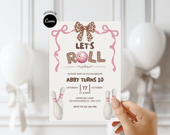 Printable Bowling Birthday Invitation Let’s Strike Up Some Fun Girls Party Invite Editable Pink Bow Invite DIY Girl bowling Party invitation