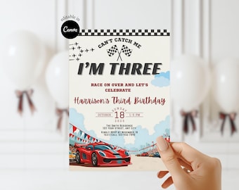 Can't Catch Me I'm three Animated Race car Birthday Invite Race car Birthday Invitation Template 3rd Birthday invitation Race On Over Invite