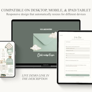 Puede incluir: Un dise&ntilde;o de invitaci&oacute;n digital que se muestra en una computadora port&aacute;til, una tableta y un tel&eacute;fono inteligente. El dise&ntilde;o presenta un sobre verde claro con ilustraciones de nubes. El texto dice "YOU ARE INVITED" y "Click envelope to open". El texto "LIVE DEMO LINK IN THE DESCRIPTION" tambi&eacute;n es visible.