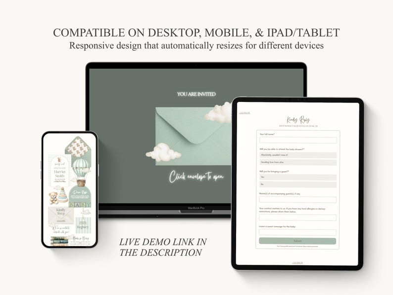 Puede incluir: Un dise&ntilde;o de invitaci&oacute;n digital que se muestra en una computadora port&aacute;til, una tableta y un tel&eacute;fono inteligente. El dise&ntilde;o presenta un sobre verde claro con ilustraciones de nubes. El texto dice "YOU ARE INVITED" y "Click envelope to open". El texto "LIVE DEMO LINK IN THE DESCRIPTION" tambi&eacute;n es visible.