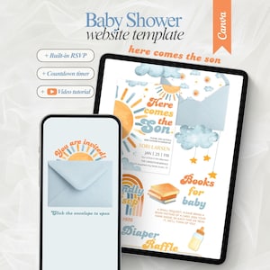 Editable Here Comes The Son Baby Shower Website Template with RSVP DIY Sunshine Baby Shower Digital Invitation Boy Baby Shower canva Invite