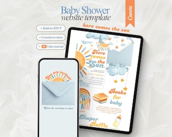 Modello di sito web modificabile per baby shower "Here Comes The Son" con RSVP Invito digitale fai da te per baby shower a tema sole Invito per baby shower per maschietto su Canva