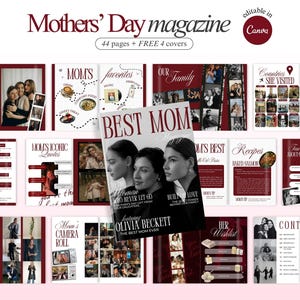 Könnte beinhalten: Ein Magazin-Layout zum Muttertag mit einer Titelseite mit der Aufschrift "BEST MOM" und Fotos von Frauen. Das Magazin ist in Burgunderrot und Weiß gehalten und umfasst 44 Seiten und 4 kostenlose Umschläge. Es enthält Abschnitte über Familie, Rezepte und ikonische Zitate.