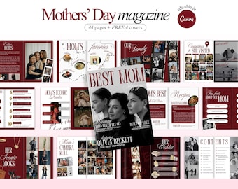May include: A magazine layout with a burgundy and white color scheme, titled "Mothers' Day magazine." The cover of the magazine features three women and the text "BEST MOM." The magazine includes 44 pages and 4 free covers, with sections on family, recipes, and iconic quotes.