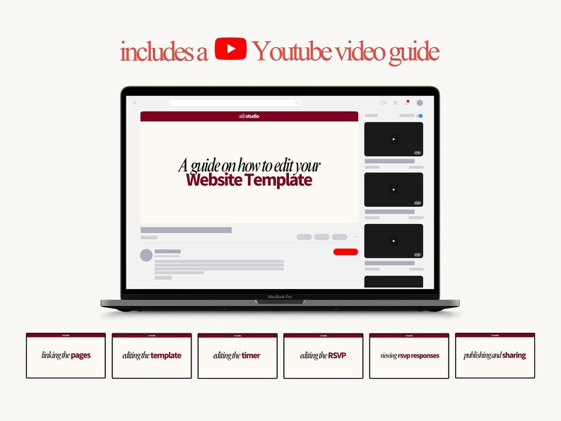 Puede incluir: Una pantalla de port&aacute;til muestra una gu&iacute;a de edici&oacute;n de plantillas de sitios web, con el texto "A guide on how to edit your Website Template". Debajo, seis tarjetas con texto como "linking the pages" y "editing the template". La imagen incluye una gu&iacute;a de v&iacute;deo de YouTube.