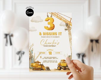 Construction Truck Excavator Digger Editable Kids 3rd Birthday Invite Digging It Third Birthday Construction Theme Birthday Party Invitation