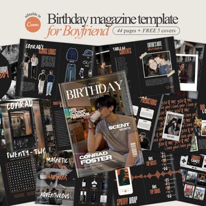Op de afbeelding: Een zwart magazinesjabloon met de tekst "Birthday magazine template for Boyfriend" en de tekst "editable in Canva". Het tijdschrift bevat foto's, illustraties en de tekst "CONRAD FOSTER".