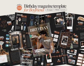 May include: A black magazine template with the text "Birthday magazine template for Boyfriend" and the text "editable in Canva". The magazine features photos, illustrations, and the text "CONRAD FOSTER".