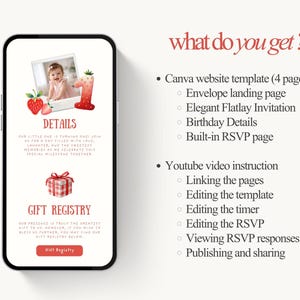 Puede incluir: Un tel&eacute;fono inteligente muestra una plantilla de invitaci&oacute;n de cumplea&ntilde;os con una foto de un beb&eacute;, fresas y el n&uacute;mero uno. El texto dice "DETALLES" y "REGISTRO DE REGALOS". El dise&ntilde;o tambi&eacute;n enumera caracter&iacute;sticas como una plantilla de sitio web de Canva e instrucciones en video de YouTube.