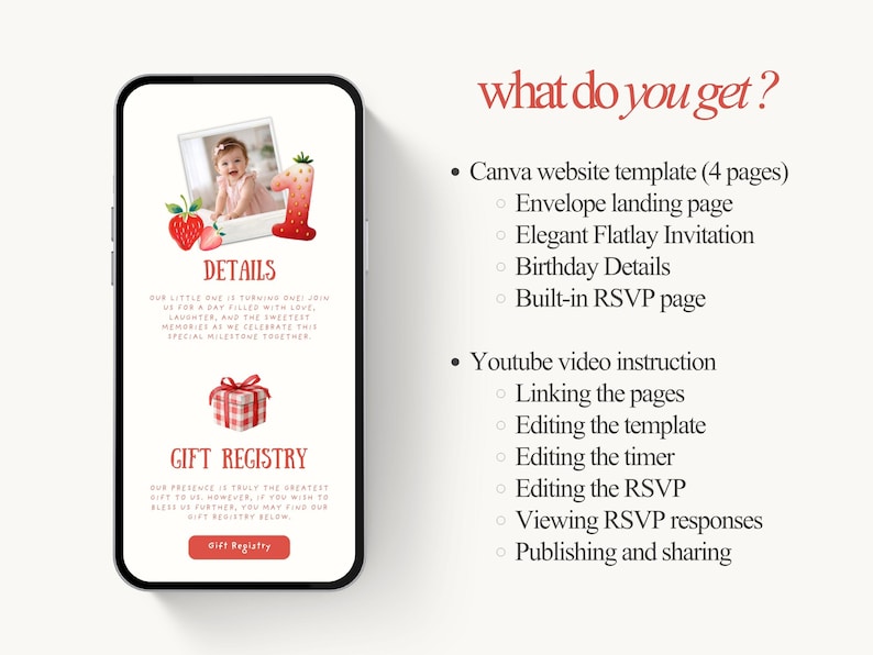 Puede incluir: Un tel&eacute;fono inteligente muestra una plantilla de invitaci&oacute;n de cumplea&ntilde;os con una foto de un beb&eacute;, fresas y el n&uacute;mero uno. El texto dice "DETALLES" y "REGISTRO DE REGALOS". El dise&ntilde;o tambi&eacute;n enumera caracter&iacute;sticas como una plantilla de sitio web de Canva e instrucciones en video de YouTube.