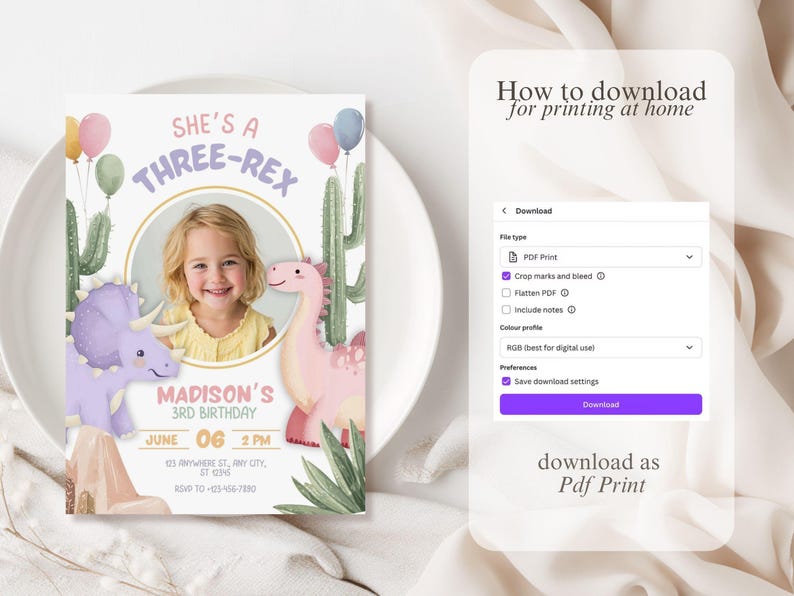 May include: A birthday invitation with a child's photo, featuring a dinosaur theme. The text reads "She's a Three-Rex" with a photo of a smiling child. Includes details like the date, time, and location.