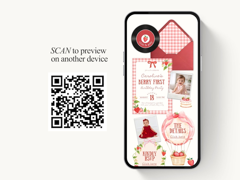 Puede incluir: Un smartphone muestra una invitaci&oacute;n digital para una "Berry First Birthday Party". La invitaci&oacute;n presenta un patr&oacute;n de cuadros rojos y blancos, fresas y fotos. El texto incluye "SCAN to preview" y "Kindly RSVP".