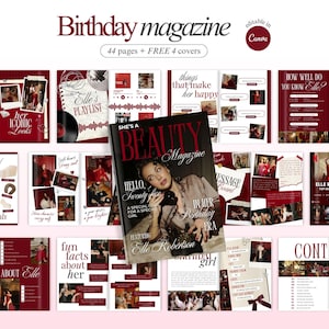 Pode incluir: Layout de revista de aniversário bordô e branco com o título "Birthday magazine" e o texto "44 pages + FREE 4 covers". A capa da revista apresenta uma mulher segurando um telefone. Outras páginas incluem fotos e texto.