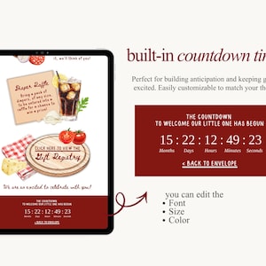 Pu&ograve; includere: Un invito digitale su un tablet con un timer per il conto alla rovescia integrato. L'invito presenta illustrazioni ad acquerello di cibi e bevande, tra cui un cocktail, pomodori e formaggio. Il testo include "Diaper Raffle" e "Gift Registry."