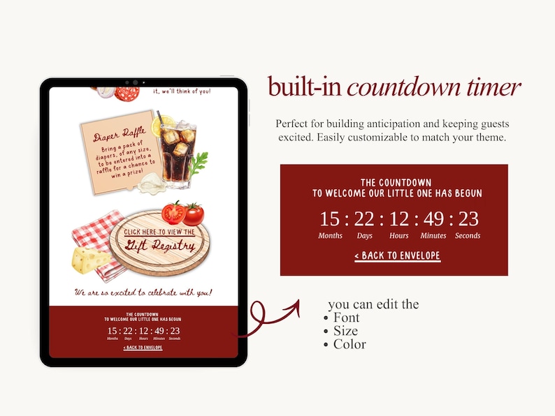 Pu&ograve; includere: Un invito digitale su un tablet con un timer per il conto alla rovescia integrato. L'invito presenta illustrazioni ad acquerello di cibi e bevande, tra cui un cocktail, pomodori e formaggio. Il testo include "Diaper Raffle" e "Gift Registry."