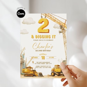 Editable 2nd Birthday Invite Construction Truck Excavator Digger Second Birthday Construction Birthday Theme Party Digging It Invitation
