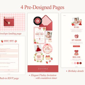 Puede incluir: Conjunto de invitaci&oacute;n digital con cuatro p&aacute;ginas predise&ntilde;adas. Incluye una p&aacute;gina de destino de sobre, una p&aacute;gina RSVP integrada, una elegante invitaci&oacute;n plana con temporizador de cuenta regresiva y detalles de cumplea&ntilde;os. El dise&ntilde;o presenta un tema de fresa con acentos rojos y rosas.