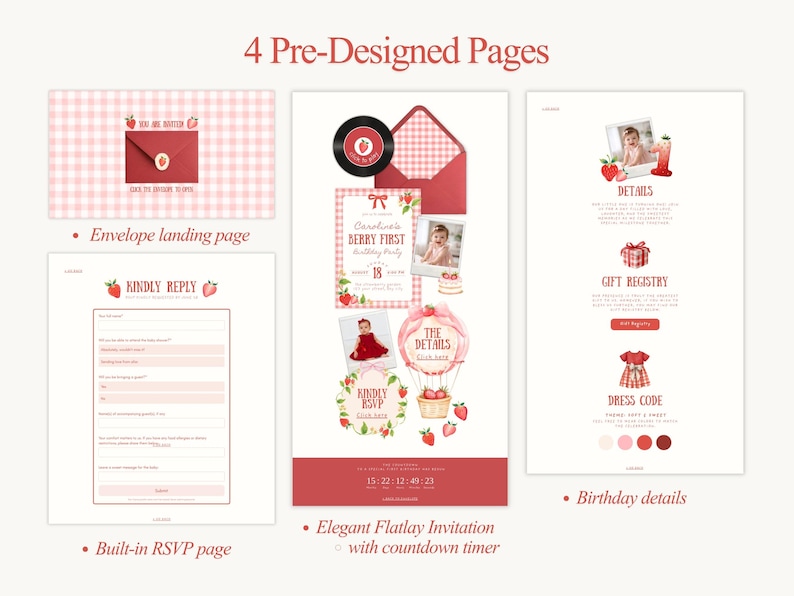 Puede incluir: Conjunto de invitaci&oacute;n digital con cuatro p&aacute;ginas predise&ntilde;adas. Incluye una p&aacute;gina de destino de sobre, una p&aacute;gina RSVP integrada, una elegante invitaci&oacute;n plana con temporizador de cuenta regresiva y detalles de cumplea&ntilde;os. El dise&ntilde;o presenta un tema de fresa con acentos rojos y rosas.