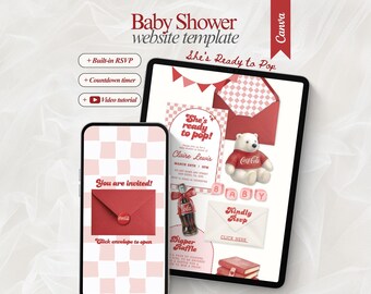 Modello Canva per sito web di baby shower rosso "She's Ready to Pop" con RSVP, baby shower retrò, invito digitale modificabile per baby shower a tema soda "Ready to Pop".
