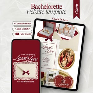 May include: A digital bachelorette website template for Canva featuring a smartphone and tablet display. The design includes deep red and cream color schemes, text reading Laced in Love, a countdown timer, RSVP, and video tutorial buttons.