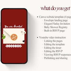 Pu&ograve; includere: Uno smartphone mostra un invito digitale con un disegno di pizza all'interno di una busta. Il testo "You are Invited" &egrave; in alto e "Click Envelope to Open" in basso. L'immagine elenca anche le caratteristiche dell'invito.