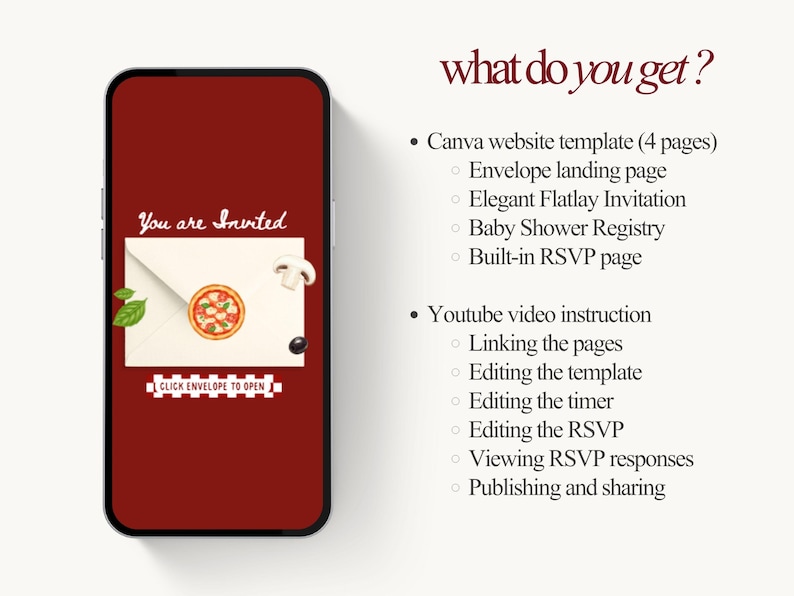 Pu&ograve; includere: Uno smartphone mostra un invito digitale con un disegno di pizza all'interno di una busta. Il testo "You are Invited" &egrave; in alto e "Click Envelope to Open" in basso. L'immagine elenca anche le caratteristiche dell'invito.