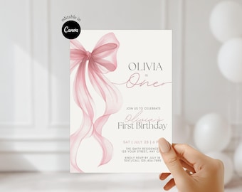 pink bow first birthday invite cute coquette invitation watercolor bow invitation editable coquette invite animated baby girl invite cute
