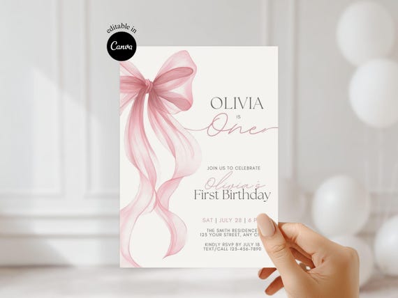 pink bow first birthday invite cute coquette invitation watercolor bow invitation editable coquette invite animated baby girl invite cute