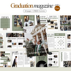 Könnte beinhalten: Ein Layout für ein Abschlussmagazin mit einem Cover mit der Aufschrift "The Graduate Magazine". Das Magazin enthält Artikel, Fotos und einen Kalender. Der Text enthält "44 Seiten + KOSTENLOS 4 Cover" und "editable in Canva."