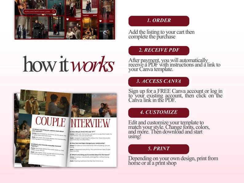 Puede incluir: Una gu&iacute;a de producto digital titulada "C&oacute;mo funciona" con instrucciones para una plantilla de entrevista de pareja. La gu&iacute;a incluye pasos para pedir, recibir un PDF, acceder a Canva, personalizar e imprimir. El dise&ntilde;o presenta una combinaci&oacute;n de colores burdeos y blanco.