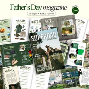 May include: A collection of Father's Day magazines with various covers and page layouts. The magazines feature photos, text, and graphics, with titles like "Superdad" and "My Dad's Favorites." The design includes green and white color schemes.