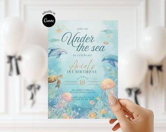 Editable Cute Ocean Animals Birthday Party Invitation Pastel Sea Animals Blue Under the Sea Birthday Invite Watercolor Dolphin Kids Birthday