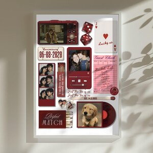 May include: A framed collage featuring various burgundy-colored elements. It includes photos, a digital camera, dice, playing cards, and text that reads "Anniversary 06-08-2020", "Perfect Match", and "Lucky us". A photo of a puppy is also included.