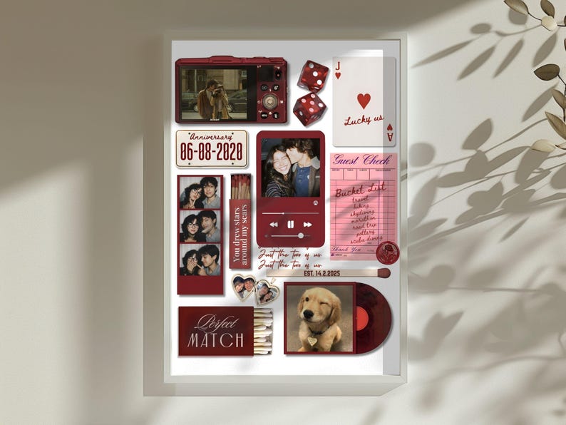 May include: A framed collage featuring various burgundy-colored elements. It includes photos, a digital camera, dice, playing cards, and text that reads "Anniversary 06-08-2020", "Perfect Match", and "Lucky us". A photo of a puppy is also included.