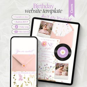 May include: A digital birthday website template displayed on a smartphone and tablet screen. The design features floral illustrations, a pink envelope, a vinyl record graphic, and photo placeholders. Text includes Birthday website template, Isn't She Wonderful, You are invited, and Click the envelope to open.