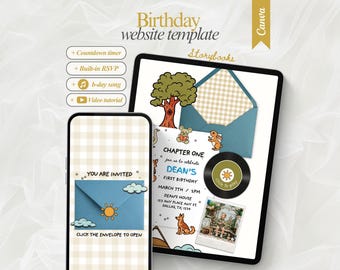 Plantilla editable de invitación de cumpleaños "One for the books" con confirmación de asistencia (RSVP) para niños con temática de cuento de hadas. Invitación electrónica para fiesta de cumpleaños con temática de cuento de hadas.