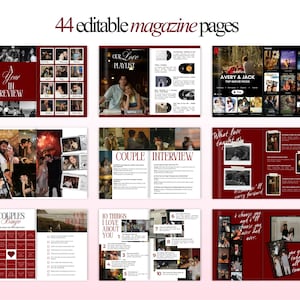 Puede incluir: Una colecci&oacute;n de p&aacute;ginas de revista con un esquema de color burdeos y blanco. Las p&aacute;ginas presentan fotos, texto y titulares como "Year in Review", "Our Love Playlist" y "Couple Interview". El texto "44 editable magazine pages" est&aacute; en la parte superior.