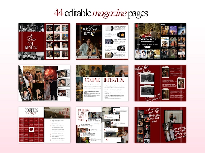 Puede incluir: Una colecci&oacute;n de p&aacute;ginas de revista con un esquema de color burdeos y blanco. Las p&aacute;ginas presentan fotos, texto y titulares como "Year in Review", "Our Love Playlist" y "Couple Interview". El texto "44 editable magazine pages" est&aacute; en la parte superior.