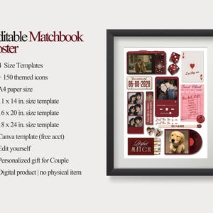 May include: Framed poster with a black border featuring a collage of themed icons, photos, and text. The poster includes the text "Editable Matchbook Poster" and size templates of 11 x 14 in., 16 x 20 in., and 18 x 24 in.