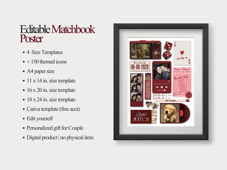 May include: Framed poster with a black border featuring a collage of themed icons, photos, and text. The poster includes the text "Editable Matchbook Poster" and size templates of 11 x 14 in., 16 x 20 in., and 18 x 24 in.