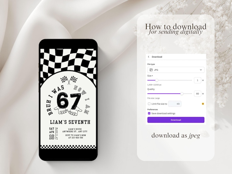 Pode incluir: Um smartphone exibe um convite de anivers&aacute;rio em preto e branco com tema de corrida de carros. O convite diz "Bruh I was 67, now I am" com o nome "Liam's Seventh" e detalhes do evento. Um guia de download digital &eacute; exibido.