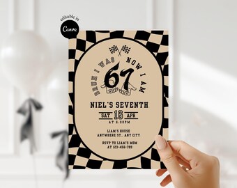 Boy Six Seven Birthday Invite Checkered flag 6 7 Meme Invite Editable racing birthday theme 67 Invitation Boys 7th Birthday Party Invitation