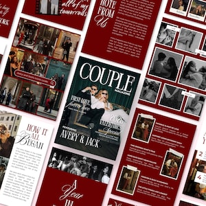 Puede incluir: Una colecci&oacute;n de p&aacute;ginas de revista granate y blancas con fotos y texto. La portada de la revista dice "COUPLE MAGAZINE" y presenta a una pareja. Otras p&aacute;ginas incluyen texto como "10 THINGS I LOVE ABOUT YOU".
