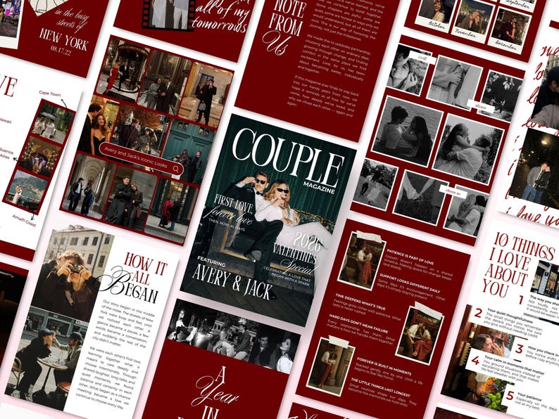 Puede incluir: Una colecci&oacute;n de p&aacute;ginas de revista granate y blancas con fotos y texto. La portada de la revista dice "COUPLE MAGAZINE" y presenta a una pareja. Otras p&aacute;ginas incluyen texto como "10 THINGS I LOVE ABOUT YOU".
